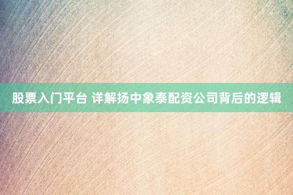 股票入门平台 详解扬中象泰配资公司背后的逻辑